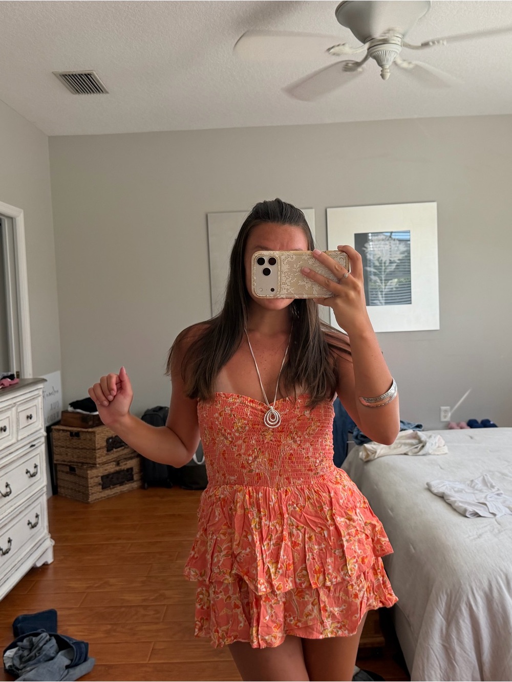 Coral Floral Smocked Tiered Mini Dress